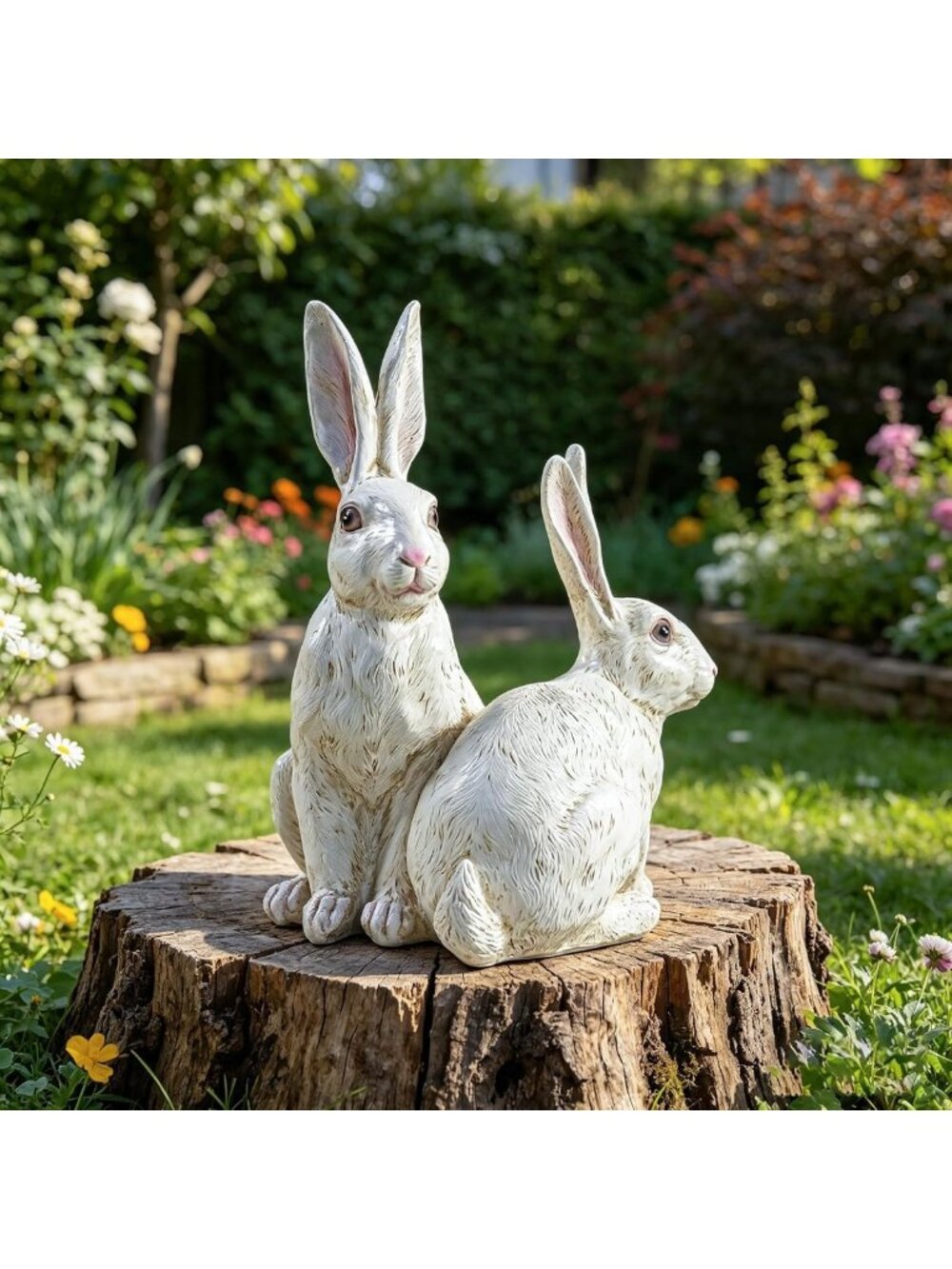 Charming White Resin Rabbit Statues - Outdoor Garden Sculpture, 2 Bunny